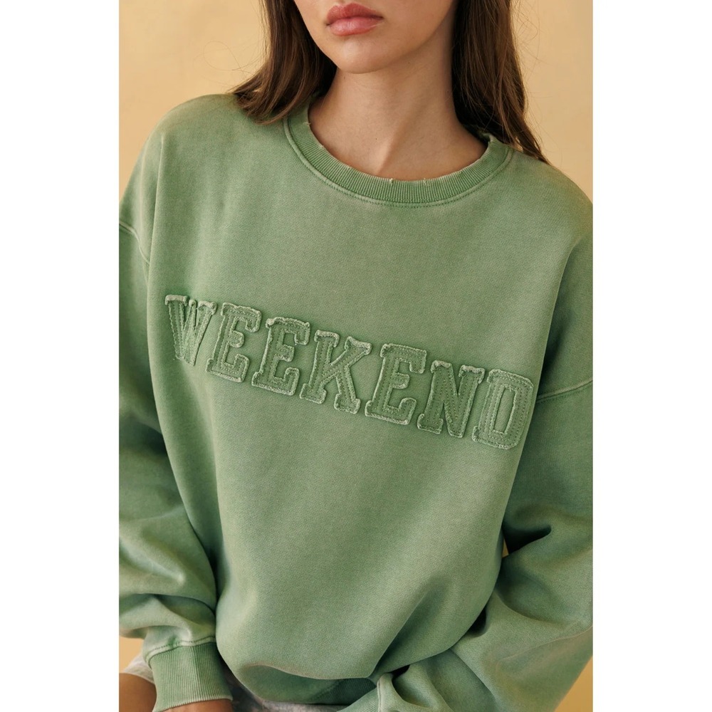 Lazy Sunday Weekend Patched Vintage Washed Sweatshirt Sage Green Small